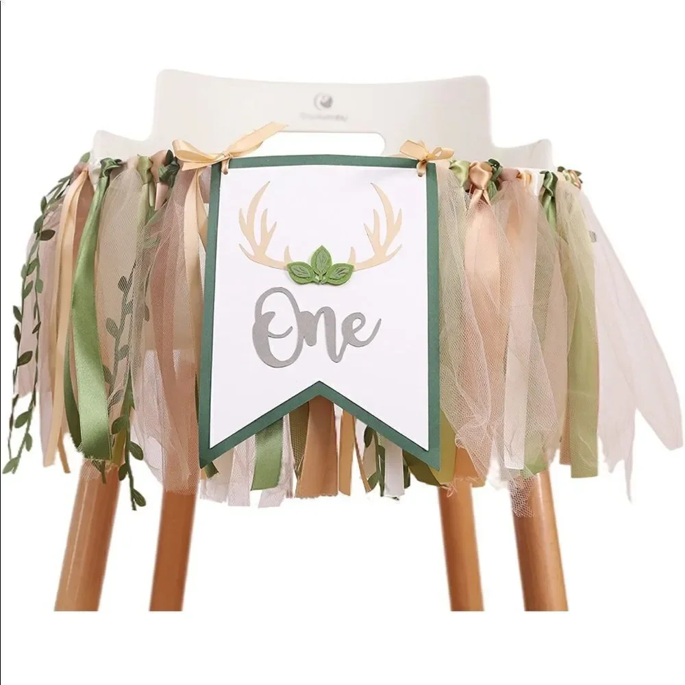 Woodland First Birthday Decorations ONE high chair banner and gold sparkly crown